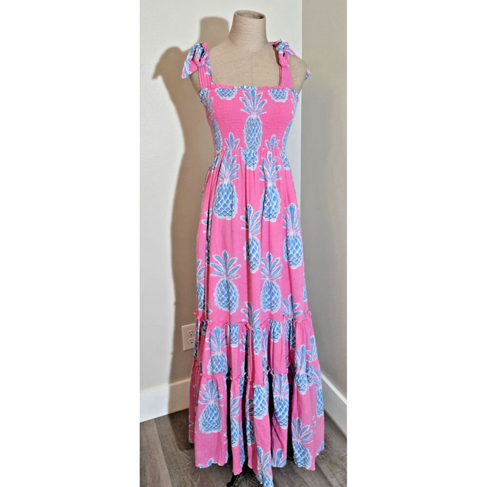 Crown & Ivy Dress Women's Size Small Pink Blue Pineapple Swiss Dot  Maxi